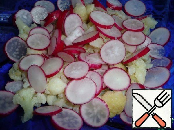 Wash the radishes, trim the greens and tails.
Cut into slices.

