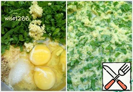 To potatoes add spinach, green onions, garlic, salt, seasoning, eggs. All the ingredients to mix make dough for pancakes.