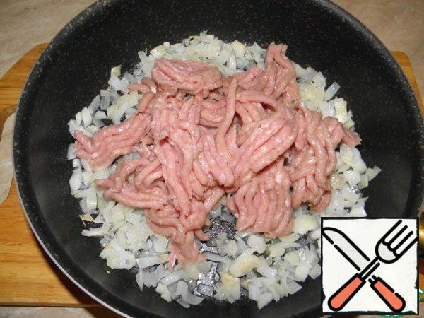 Add minced meat to onion and garlic.