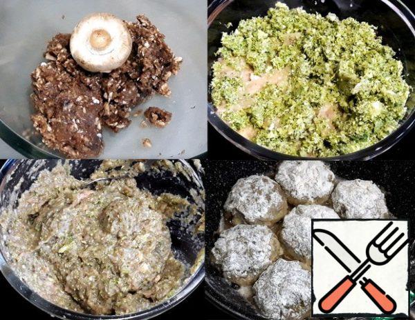 Mushrooms wiped with a paper napkin.
Sliced and fried with onions. Cooled down
mushrooms crushed in the shredder. Ground
separately, chicken fillet and broccoli inflorescence
with garlic. In powdered ingredients broke
eggs, added salt and pepper. Minced well
stirred. Patties were formed out of 1.5 tbsp.
minced, rolled in flour.