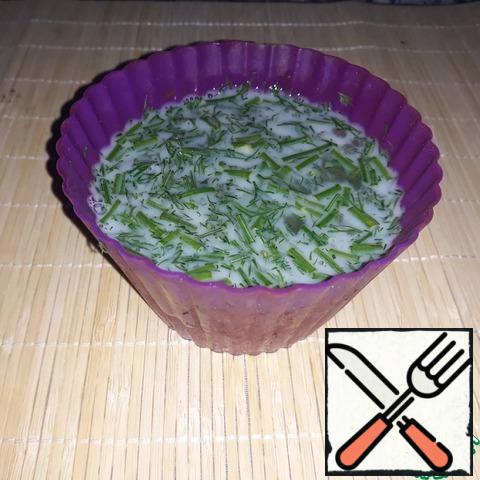 Cut the greens. Mix all ingredients in a baking dish. If desired, add salt and spices.