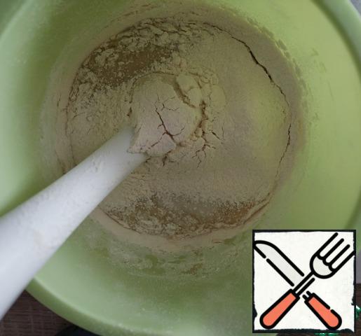 Add sifted flour with baking powder. Stir.