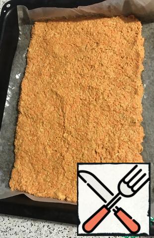 Put a layer not thicker than 1 cm on a baking sheet, bake for 30 minutes in a preheated 200 gr. oven. It is better to do it on a silicone Mat. If you use parchment-a little grease it with oil, and when ready, turn the cake parchment up, moisten with a little water and wait a minute. So baking paper (or parchment) will go better. Ready to allow the cake on the rectangles of the desired shape.