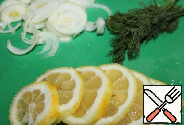 Onion cut rings, lemon slices.