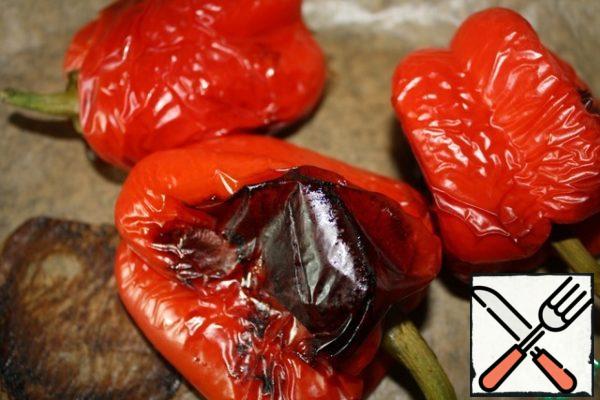 Bake the peppers at temp.200 deg for about 40 minutes.
Then put them in a bag and let soak for 10 more minutes, so they easier to remove the skin.