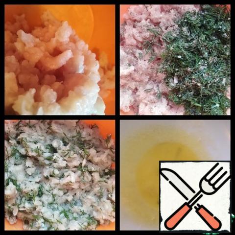 Twist the chicken breast into minced meat with the onion. Unable to take any ground meat and add the twisted onion. Finely chop the dill and add to the minced meat, add salt and pepper, add the paprika and mix everything. Melt butter.