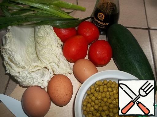 The main products for the salad. Eggs to boil, vegetables to wash.