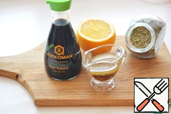 For dressing, mix soy sauce, orange juice and zest, butter, grainy mustard and Italian herbs.