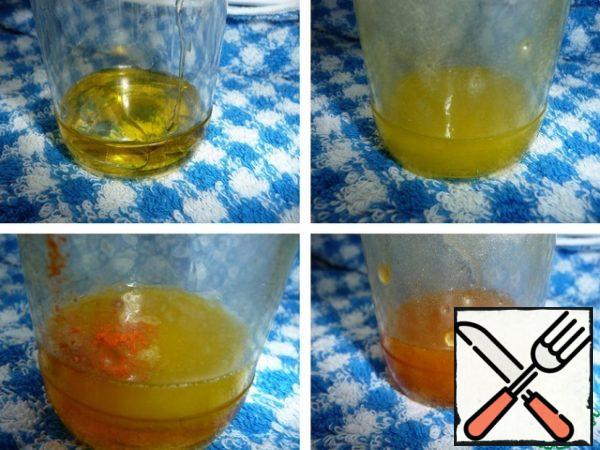 For dressing, mix olive oil with vinegar,
whisk thoroughly to make an emulsion, add honey, salt and pepper to taste.
Once again, whisk everything thoroughly.

