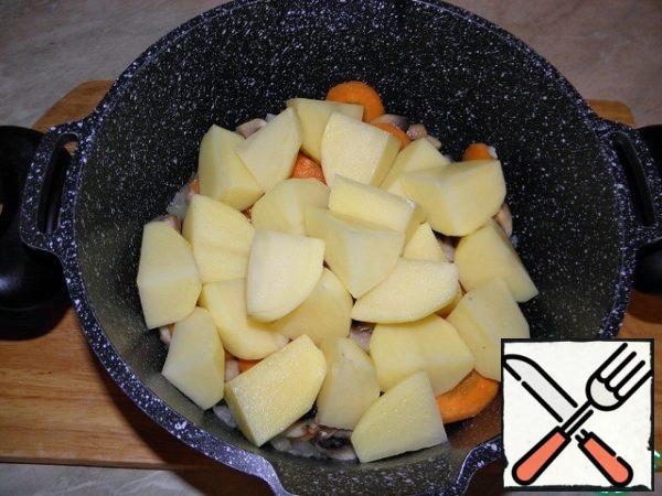 Cut the potatoes into large pieces and add to the vegetables .