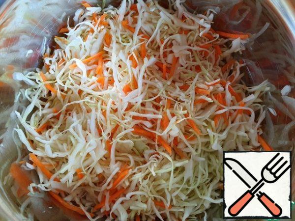 Cabbage and carrots folded into a single container. Add a little salt and grind a little.