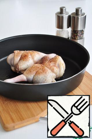 Fry in a dry pan on both sides, put in a baking dish, if necessary, salt and pepper.
Bake at 180*C for 50-60 minutes.