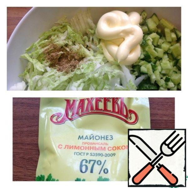 Add mayonnaise, coriander, ground black pepper. Mix everything carefully.
