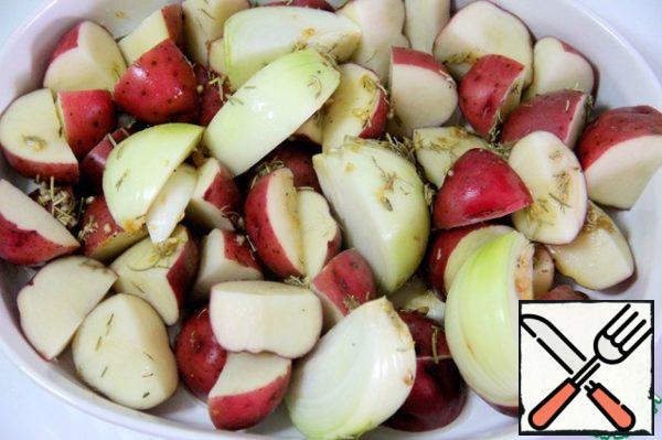 In a separate bowl, combine olive oil, thyme, rosemary, salt, pepper, sugar, teriyaki sauce and garlic.
