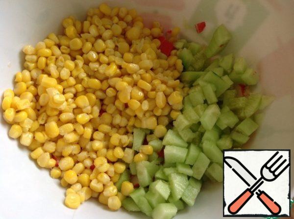 Add corn, salt and oil.
