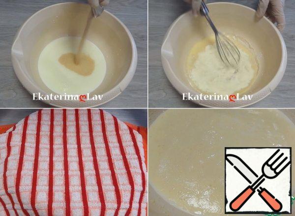 Pour warm milk into a deep bowl, add yeast, 1 tbsp sugar and 2 tbsp flour. Mix well, leave the sourdough to come up for 20 minutes (a characteristic cap should form on top of the biscuit).
