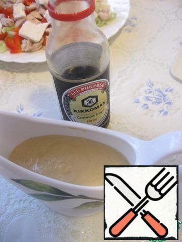 For dressing-sauce mix mayonnaise, soy sauce, broth and crushed garlic.
Mayonnaise can be try replace sour cream.