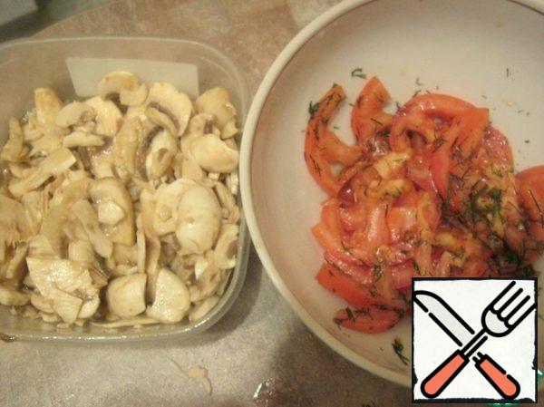Marinate mushrooms, tomatoes in it for 15 minutes, crumble the greens.
