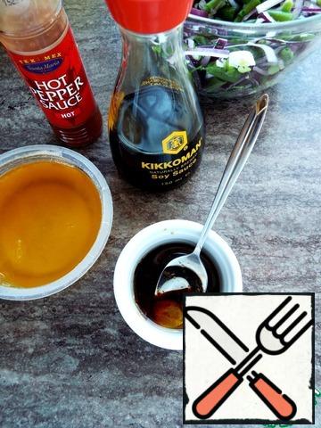 For dressing in a separate container, mix the oil, soy sauce, honey and hot sauce.