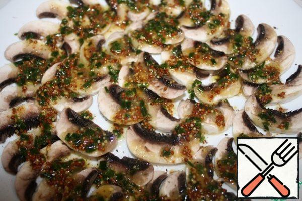 Pour the dressing over the mushrooms and let stand for about 10 minutes.