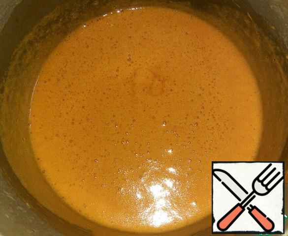 Prepare the dough.
Honey are posing on a small the fire. As soon as the honey begins to boil, add the soda, continuously stir. As soon as the foam becomes caramel color, add the butter. Continue to stir until the oil dissolves. Remove from heat, cool.