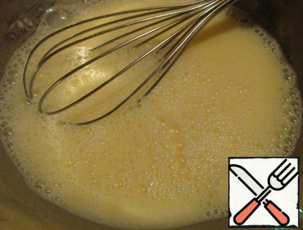 In another vessel milk to room temperature, whisk to mix with egg at room temperature. Pour in the oil, and stir. Pour in the boiling water. Lightly whisk.