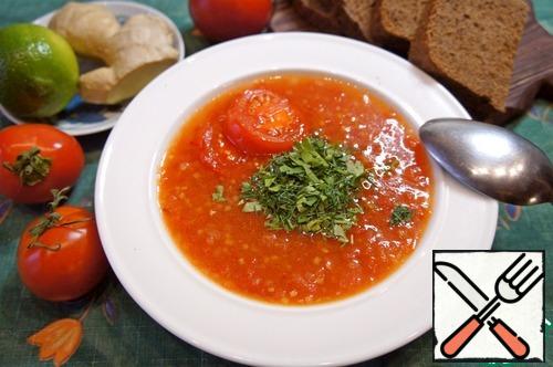 Before serving, add a couple of roasted tomato slices and a drop of olive oil to each serving. Garnish with herbs. Very tasty soup! Bon appetit!