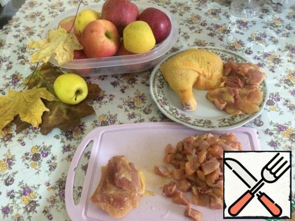 Separate the meat from the bones and cut into small pieces. Place the chicken pieces in a preheated frying pan with vegetable oil. Add salt, add your favorite spices and, stirring occasionally, simmer until all the juice evaporates.
