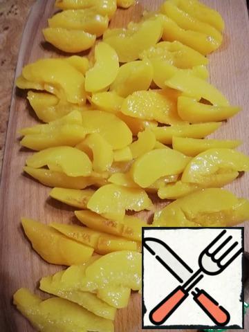 In advance atteriwem peaches from syrup and cut into slices.