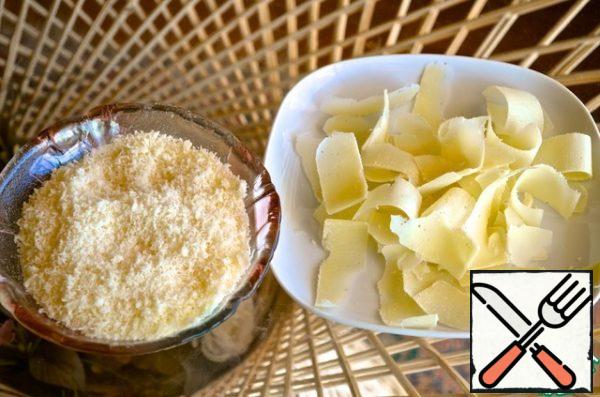 Make chips from one third of the cheese, and grate the rest on a fine grater.
