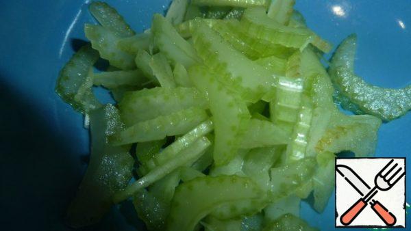 Celery cut into half rings, prunes-straws.