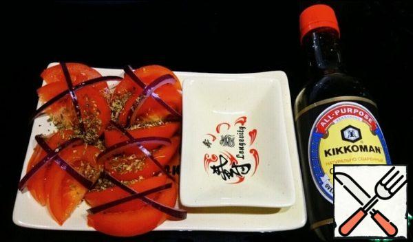 Everything is sprinkled with some Italian or Provencal herbs, sprinkled with soy sauce (instead of salt).
