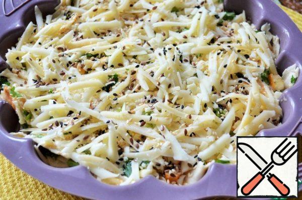 Sprinkle with the left cheese (3 tbsp.),
sprinkle with flax seeds and various sesame seeds.
P.S.: flax and sesame seeds can be replaced with sunflower seeds or pumpkin seeds, poppy seeds or ground nuts-to your taste and desire.