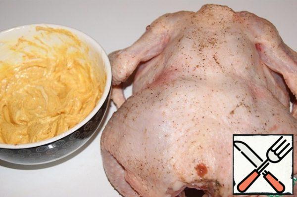 RUB the chicken with salt and black pepper.
