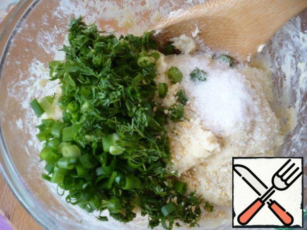 Add salt, garlic powder, finely chopped green onions, dill. Stir with a spoon until the dough is smooth and very soft. Knead the dough for about 5 minutes. ( But, if the dough is sticky and very soft, do not add more flour, because your buns will turn out hard).