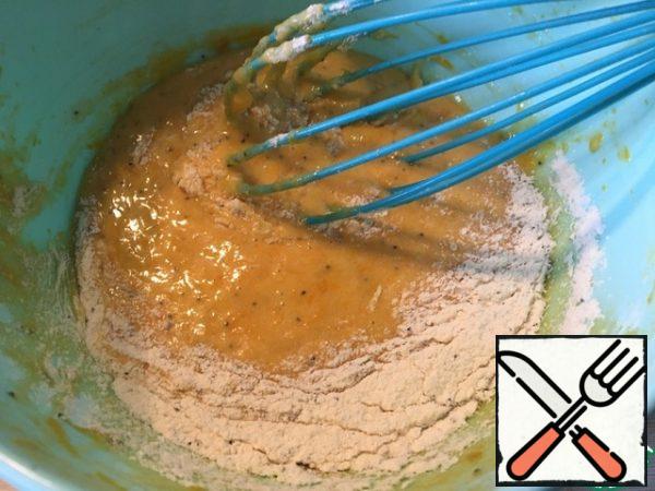 Add flour, baking powder, sugar, salt (I instead use the mixture for the cake), stir