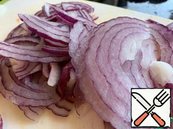 Onion-half rings, the thinner the better.
