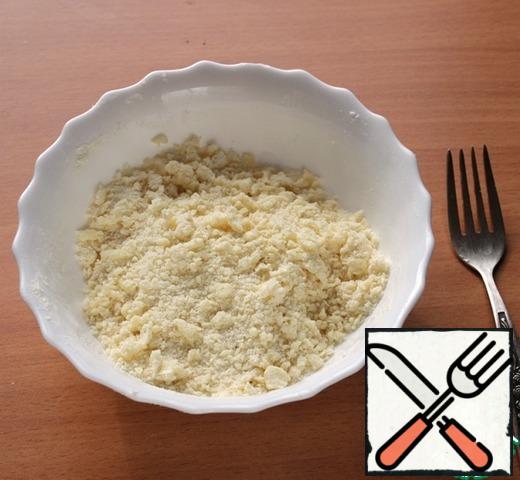 For streusel mix flour, sugar, grate cold butter, hands or fork to grind into crumbs.