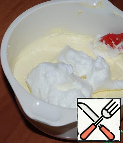 Proteins (3 PCs) whisk to a strong foam and gently mix to the curd mass.