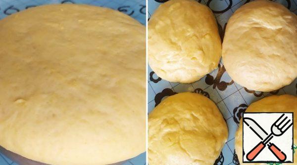 Then each bun is rolled into a circle with a diameter of 26-28 cm. The first rolled circle is smeared with melted (vegetable) oil, sprinkled with sugar, and then sprinkled with nuts. We spread the second circle on top and repeat. We do the same with the third circle, and with the 4th - we cover it and do not lubricate it with anything.
