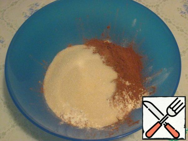 Mix flour, cocoa, sugar, soda, baking powder, spices, zest and vanilla.