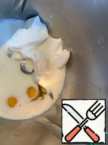 To fill, whisk the milk, sour cream and eggs.