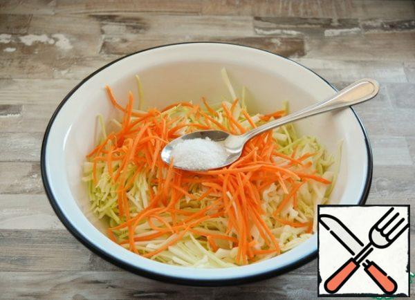 In a bowl or basin, fold the cabbage and carrots, add salt.