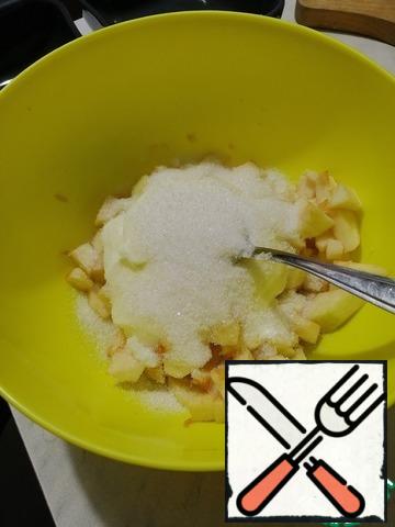Apples, sour cream, sugar, vanilla and flour mix in a bowl and spread in forms, pre-greased with butter.