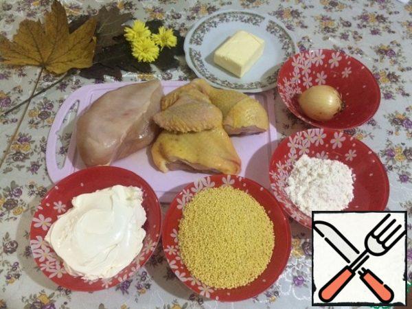 Prepare all the products. I took half the chicken. First, prepare the Kabardian pasta so that it has time to cool down. I have already published a recipe for pasta on the site, I will tell you about it again so that you do not look for it.
