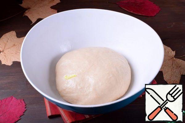 The result should be a very pleasant, not sticky and soft yeast dough. Round it and transfer to a clean bowl, greased with a few drops of vegetable oil.