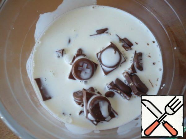 Prepare a chocolate ganache. Heat the cream in a small saucepan. When the cream just starts to boil around the edges, remove from heat and pour over the crushed chocolate. Let stand for one minute, then stir until smooth.