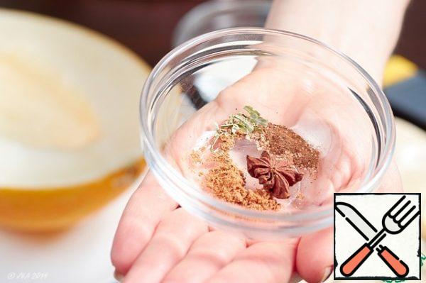 Mix a bouquet of spices to taste. I have cinnamon, nutmeg, cardamom and star anise.
