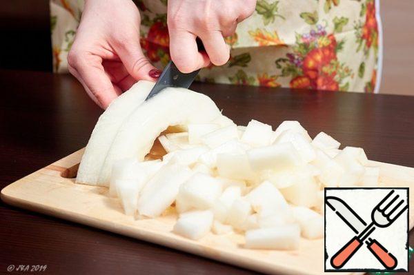 Cut into large cubes. Don't be small, or you'll turn into porridge.
