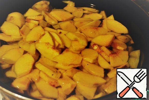 Pour boiling water for 1 minute and drain. This step is to pre-soften the quinces, and give possible best to soak up the syrup. Liquid from quince a, later used for cranberry juice.